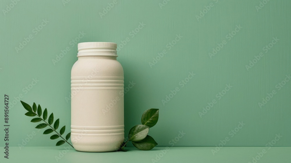 Minimalist white bottle with green leaves against a green background. Modern natural product concept with a clean and eco-friendly design. Minimalist white bottle with green leaves against a green background. Modern natural product concept with a clean and eco-friendly design.
