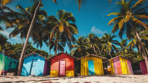 Colorful beach huts with palm trees on a sunny day. Vacations a idyllic seaside