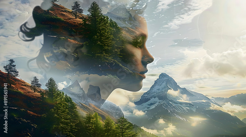 Double exposure combines a woman's face, high mountains and forest. Panoramic view. The concept of the unity of nature and man. Dream, reminisce or plan a climb. Memory of a mountaineer. Illustration.