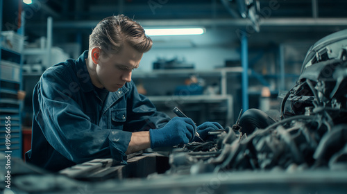 Dedicated mechanic repairing a car engine in a workshop