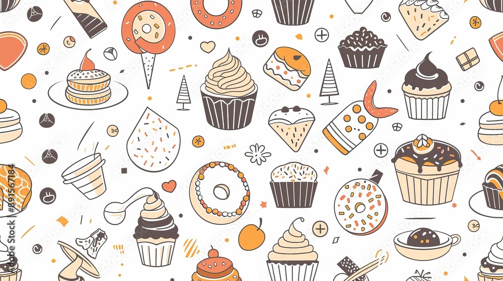 Bakery and dessert pattern in trendy linear style - seamless pattern with linear icons related to bakery, cafe, cupcakes and logo design templates Bakery and dessert pattern in trendy linear style - seamless pattern with linear icons related to bakery, cafe, cupcakes and logo design templates
