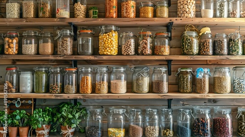 Wallpaper Mural A zero-waste kitchen pantry featuring a sustainable setup with bulk food stored in glass jars on wooden shelves. Torontodigital.ca