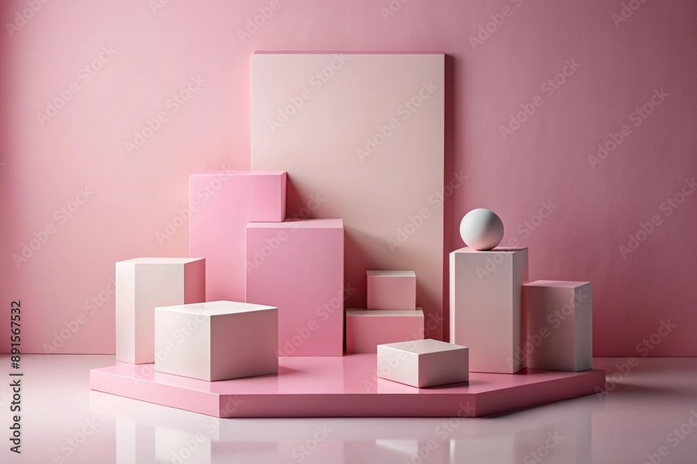 White podium to show cosmetic products with geometric forms on light blue background. White podium to show cosmetic products with geometric forms on light blue background.