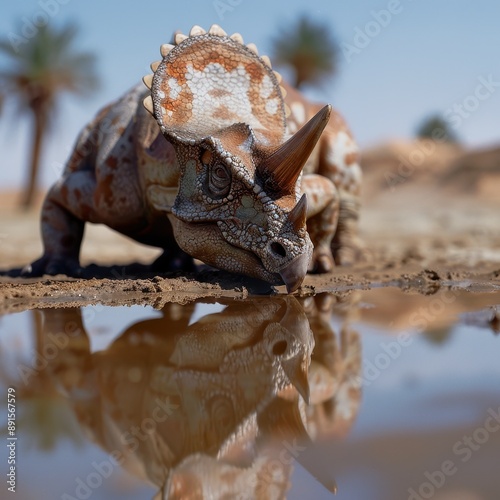 Protoceratops in a desert oasis, beautifully detailed and lifelike, [Dinosaur], [Cretaceous Oases] photo