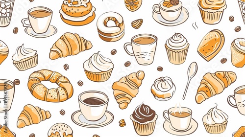 A bakery and dessert pattern featuring line-drawn coffee cups, tea cups, cakes, and croissants. The seamless border showcases breakfast foods in a doodle style.