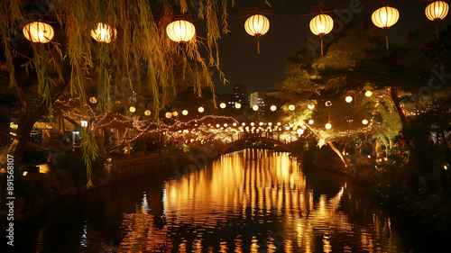 夜の日本の川に灯る提灯と柳の光景 © bephoto
