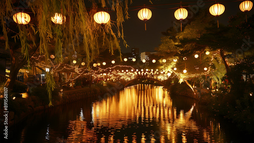 夜の日本の川に灯る提灯と柳の光景