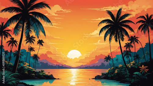 Exotic island view of palm trees landscape ocean and orange sunset colorful illustration wallpaper