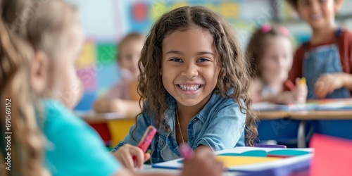 A schoolgirl is smiling and sitting in a classroom, creating a cheerful and positive atmosphere.