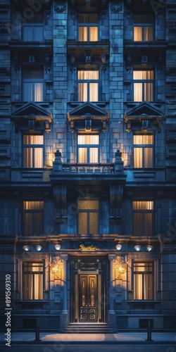 The facade of a grand building glows warmly under lights at night, offering a captivating urban visual experience. photo