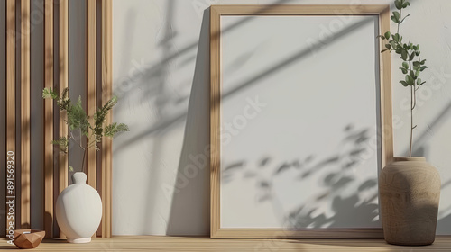 Minimalist wooden frame mockup with ceramic vase and eucalyptus photo