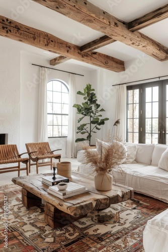 Bright room with rustic wooden beams, cozy seating area, indoor plant, large windows, and soft furnishings, creating a warm and inviting ambience combining nature and comfort. photo