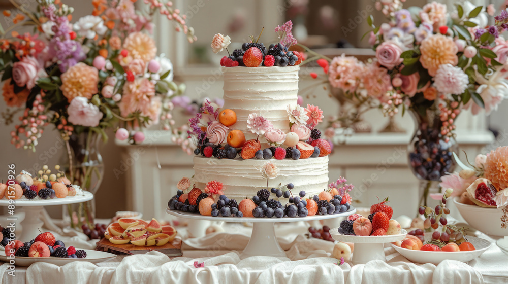 Naklejka premium charming celebration canvas, Elegant multi-tier cake with fruits and flowers on vintage table in serene celebration space.