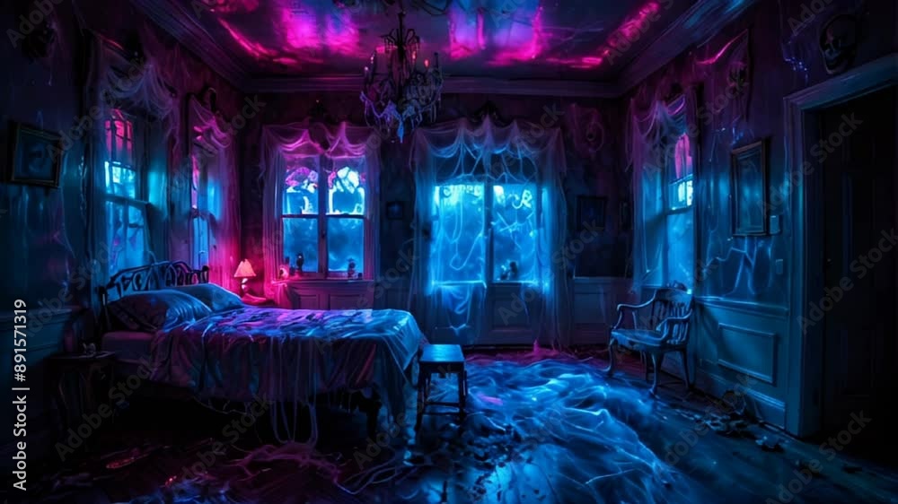 As night arrives, the haunted bedroom transforms, filled with cobwebs and neon lights, setting a spooky gothic atmosphere with a chilling and eerie ambiance