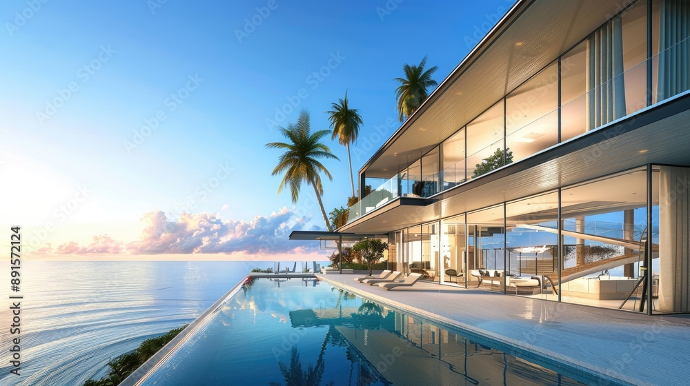 Fototapeta premium A lavish beachfront mansion with expansive glass walls