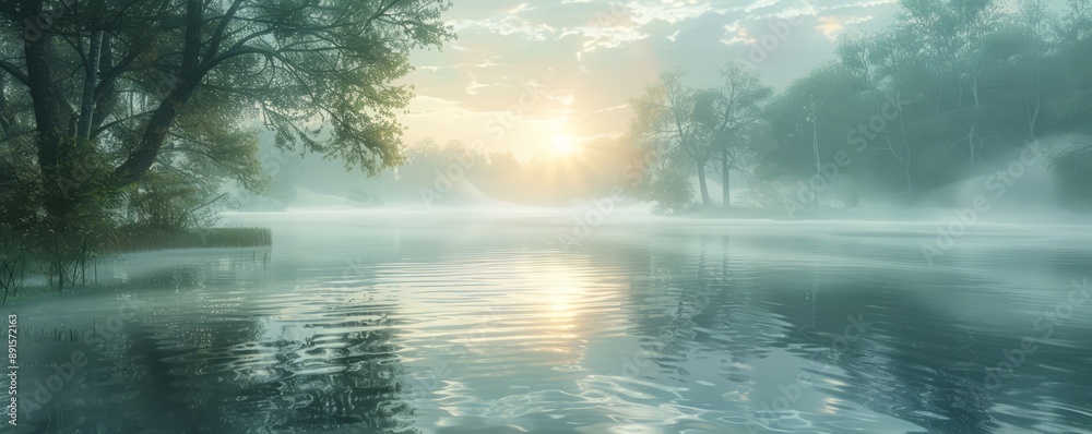 A tranquil lake with mist at dawn. A tranquil lake with mist at dawn.