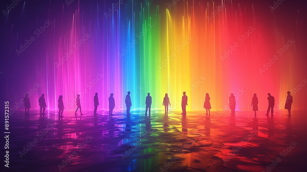 Obraz premium Group of people with arms and hands raised towards a painted hearts. Watercolour painting