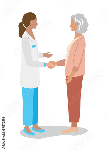 Happy elderly woman shakes the doctor's hand and thanks him for the treatment. Thanks to the doctors and nurses. Vector illustration on a white background.