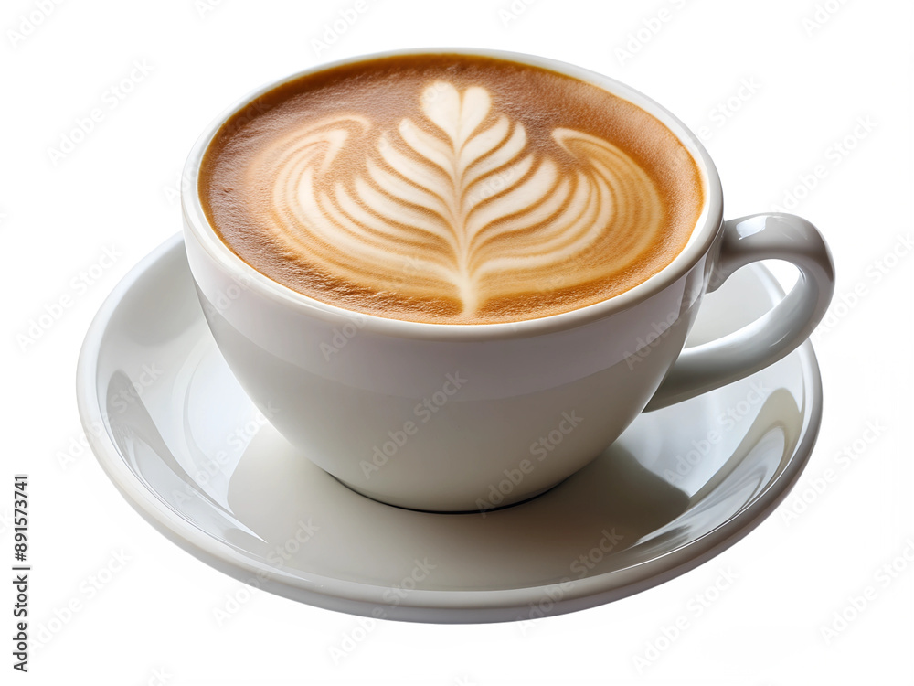 Close up shot of hot latte coffee with latte art in a ceramic white cup and saucer on white background with clipping path. Close up shot of hot latte coffee with latte art in a ceramic white cup and saucer on white background with clipping path.