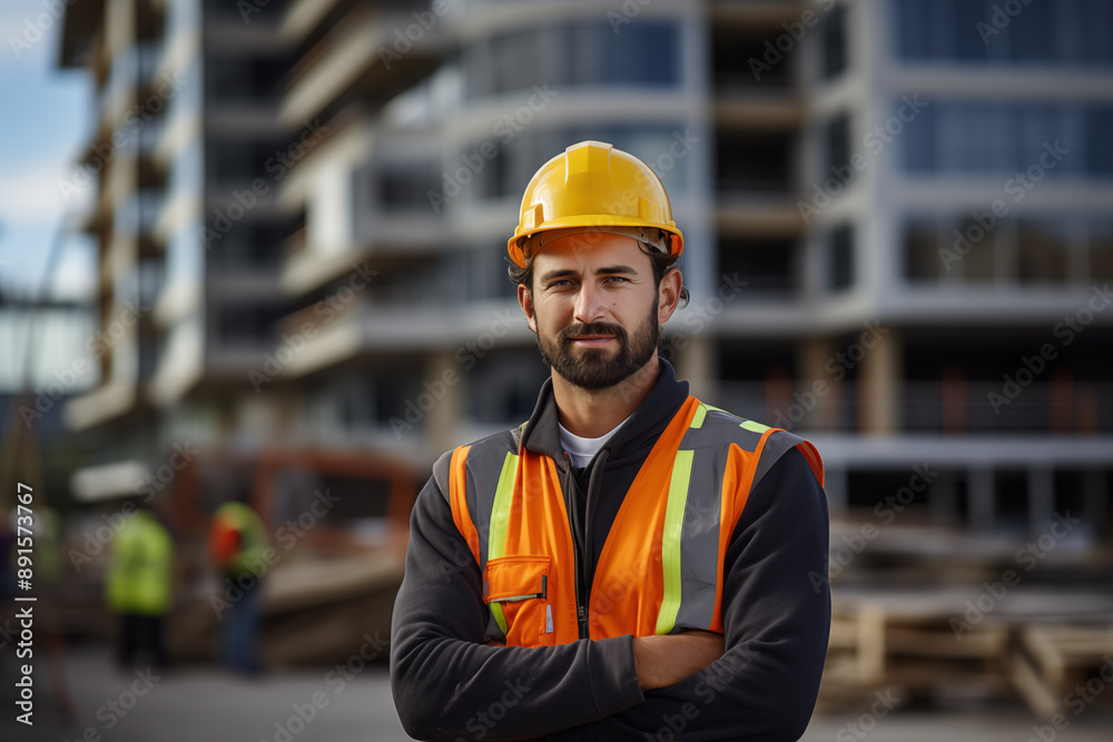 Labor Day, A handsome young engineer stands on the construction site of high-rise buildings Labor Day, A handsome young engineer stands on the construction site of high-rise buildings