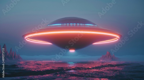 A large, glowing, orange UFO is flying over a desolate landscape