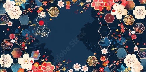 Dark blue background with Japanese patterns and cherry blossoms on the edges, 