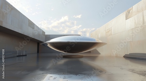 A silver object is floating in the air in a large, empty room photo