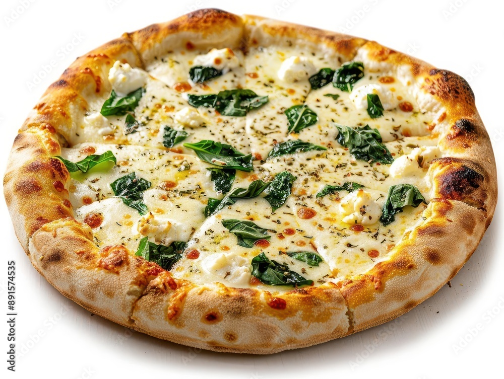 Delicious spinach and cheese pizza with a golden, crispy crust, perfect for a satisfying meal or snack, isolated on white background. Delicious spinach and cheese pizza with a golden, crispy crust, perfect for a satisfying meal or snack, isolated on white background.