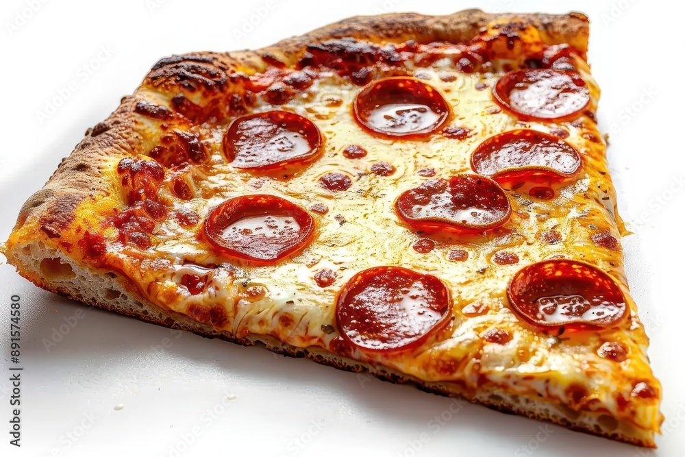 Slice of pepperoni pizza with melted cheese and crispy crust on a white background, perfect for food-related projects. Slice of pepperoni pizza with melted cheese and crispy crust on a white background, perfect for food-related projects.