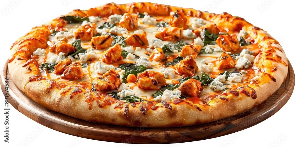 Delicious gourmet pizza with spinach, chicken, and blue cheese toppings on a wooden board, isolated on a white background. Delicious gourmet pizza with spinach, chicken, and blue cheese toppings on a wooden board, isolated on a white background.