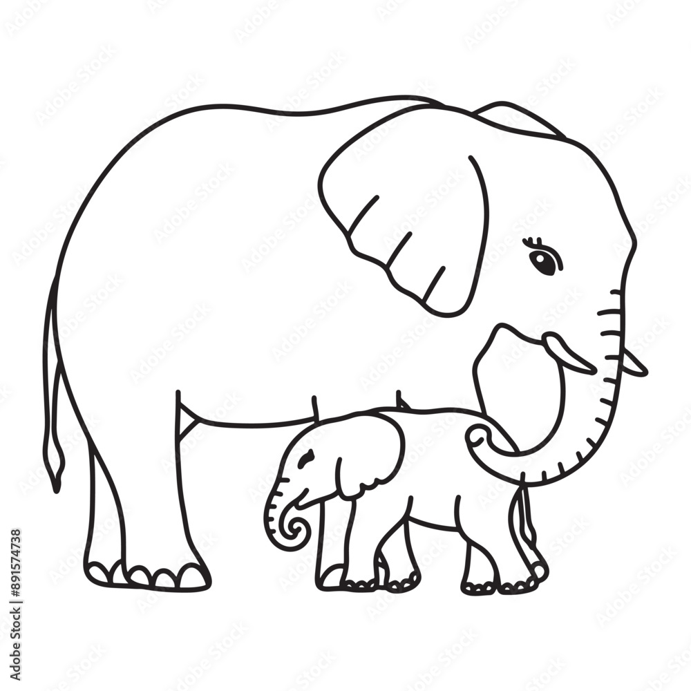 Line art of baby elephant standing with mother elephant cartoon vector Line art of baby elephant standing with mother elephant cartoon vector