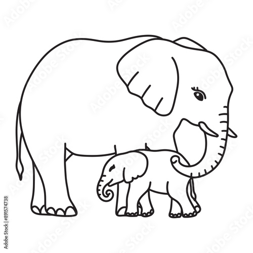 Line art of baby elephant standing with mother elephant cartoon vector