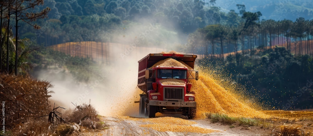 Dump Truck Spilling Corn on a Rural Road Dump Truck Spilling Corn on a Rural Road