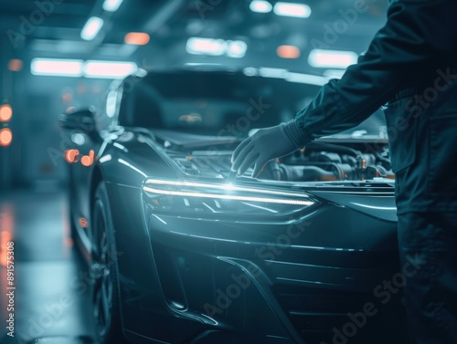 A mechanic inspects a modern car in a well-lit garage with LED headlights providing illumination. Professional automotive service and maintenance.