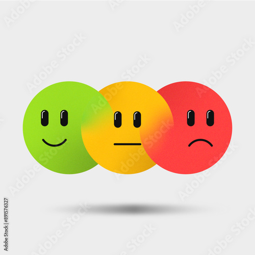 Three merged gradient circles with grain texture, Emoticons positive, neutral and negative. Satisfaction rating, 3 Color faces, green, orange, red
