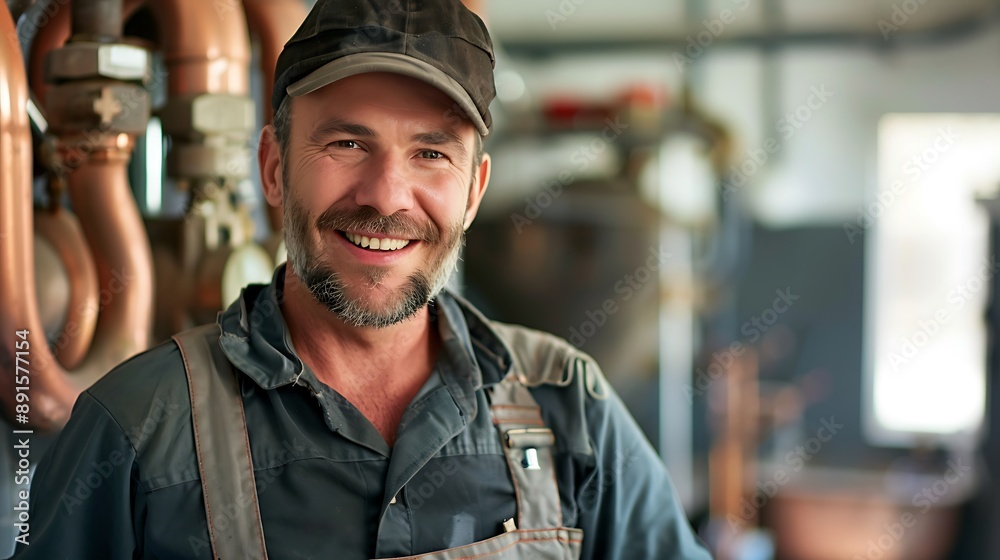 Friendly male plumber in a work uniform smiling warmly in a bathroom filled with plumbing tools showcasing technical skills and dedication to high quality plumbing repair and services Friendly male plumber in a work uniform smiling warmly in a bathroom filled with plumbing tools showcasing technical skills and dedication to high quality plumbing repair and services