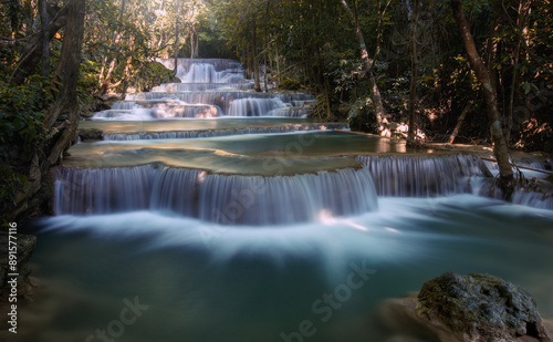 Huay mae kamin waterfall in khuean srinagarindra national park. the beautiful and famous waterfall in deep forest, kanchanaburi province, thailand.