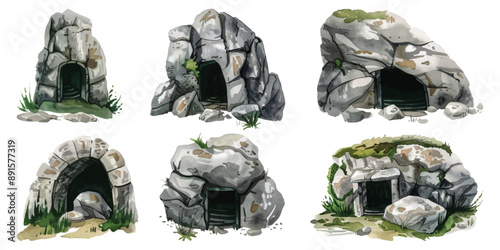 Set collection of stone rock arch cave tunnel entrance hand drawn watercolor design resources elements