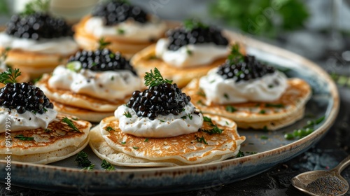 russian cuisine, indulge in a classic russian dish of blini pancakes with sour cream and caviar, ideal for celebrating special occasions