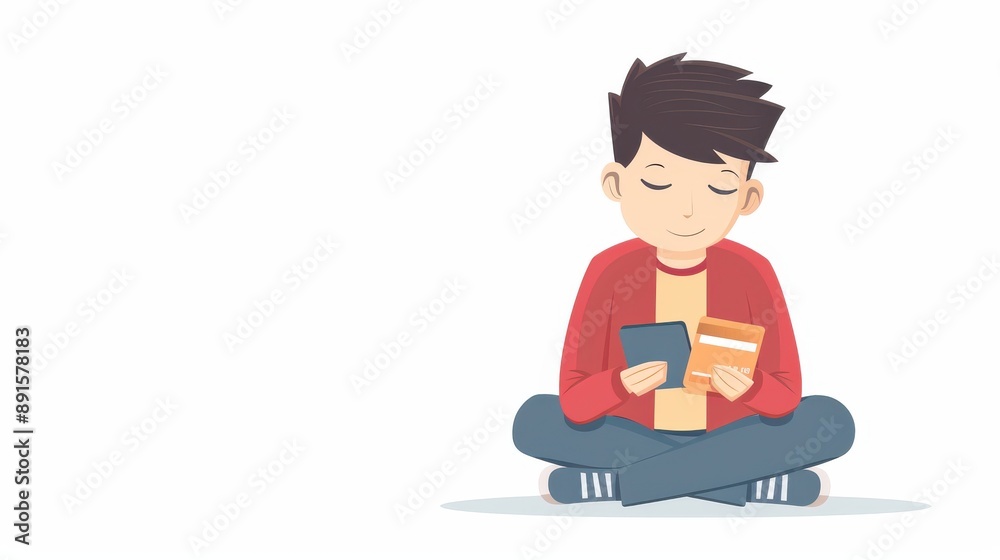 Illustration of a young boy seated cross-legged, reading a book, wearing a red jacket and sneakers against a plain white background. Illustration of a young boy seated cross-legged, reading a book, wearing a red jacket and sneakers against a plain white background.