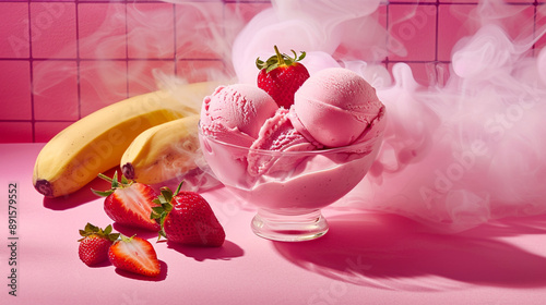 strawberry ice cream with banana and strawberry photo