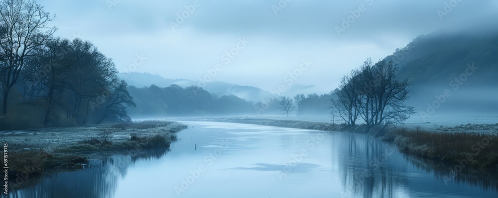 A tranquil river winding through a foggy valley. A tranquil river winding through a foggy valley.