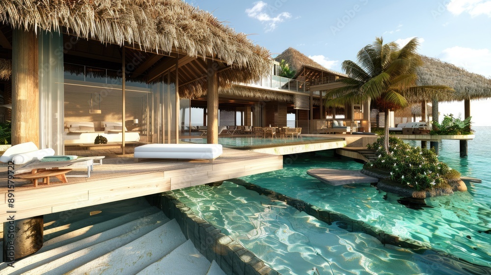 A luxurious island resort with a modern tropical design A luxurious island resort with a modern tropical design