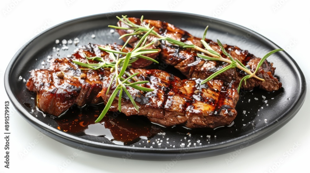 Beef steak on a black plate with grilled tomatoes with rosemary leaves nearby Beef steak on a black plate with grilled tomatoes with rosemary leaves nearby