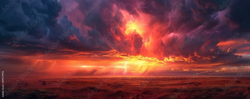 A dramatic lightning strike over a vast, open plain. A dramatic lightning strike over a vast, open plain.