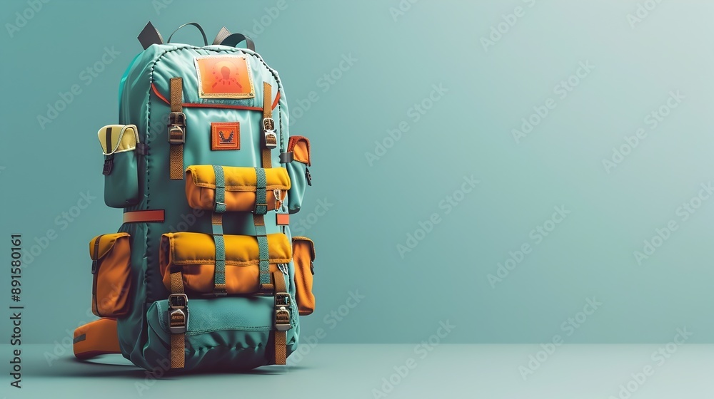 Fototapeta premium Adorable 3D Travel Backpack with Tiny Patches on Clean Background,Minimalistic Adventure Gear