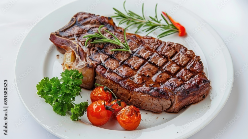 Grilled beef steak and potatoes on a white plate. The beef is golden brown with caramelized edges, and the potatoes are a warm, golden color Grilled beef steak and potatoes on a white plate. The beef is golden brown with caramelized edges, and the potatoes are a warm, golden color