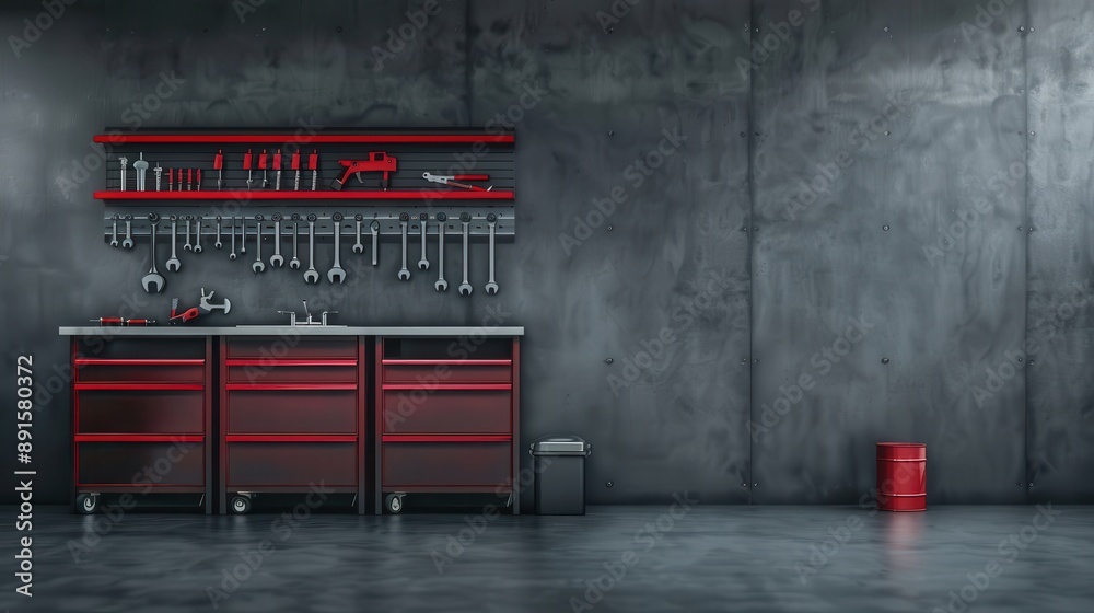 Modern industrial workshop with red tool cabinets and a variety of hand tools against a concrete wall for versatile use and storage solutions. Modern industrial workshop with red tool cabinets and a variety of hand tools against a concrete wall for versatile use and storage solutions.