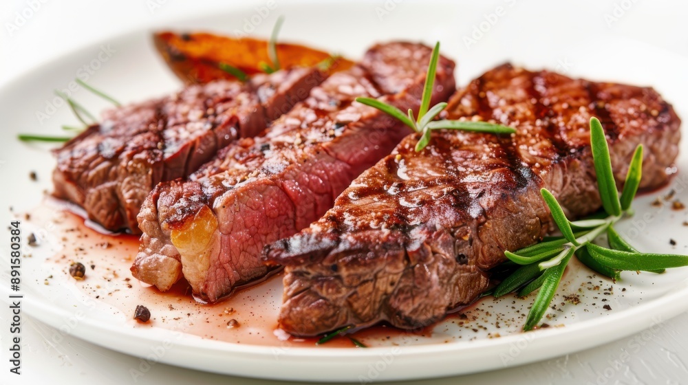 Grilled beef steak and potatoes on a white plate. The beef is golden brown with caramelized edges, and the potatoes are a warm, golden color Grilled beef steak and potatoes on a white plate. The beef is golden brown with caramelized edges, and the potatoes are a warm, golden color