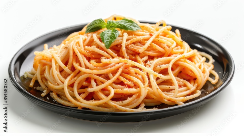 Delicious spaghetti served on a black plate. Delicious spaghetti served on a black plate.